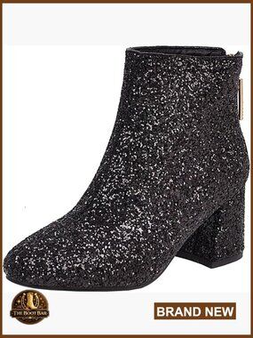 Chunky Heel Bootie, Back Zipper, Glitter Sparkly Ankle Boots for Party